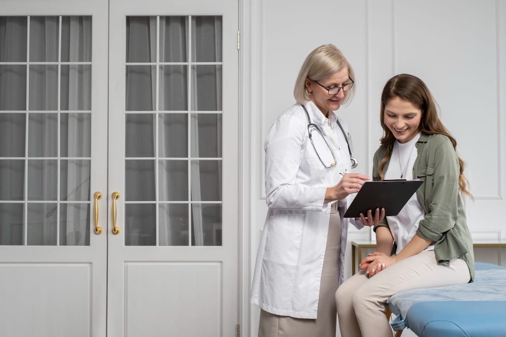 Doctor explaining patient intake form to woman in medical office