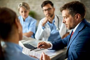 Healthcare attorney in blue suit consulting with medical professionals in clinical setting