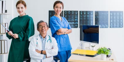 Medical team in clinic with doctor and nurses